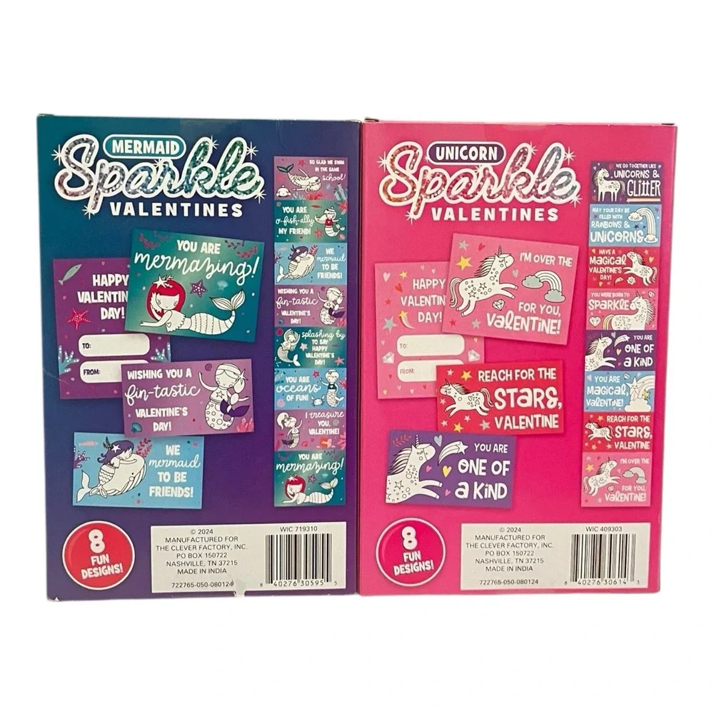 Lot of 2 Sparkle Glitter Valentine Cards Mermaid Unicorn Exchange Party 64 Cards